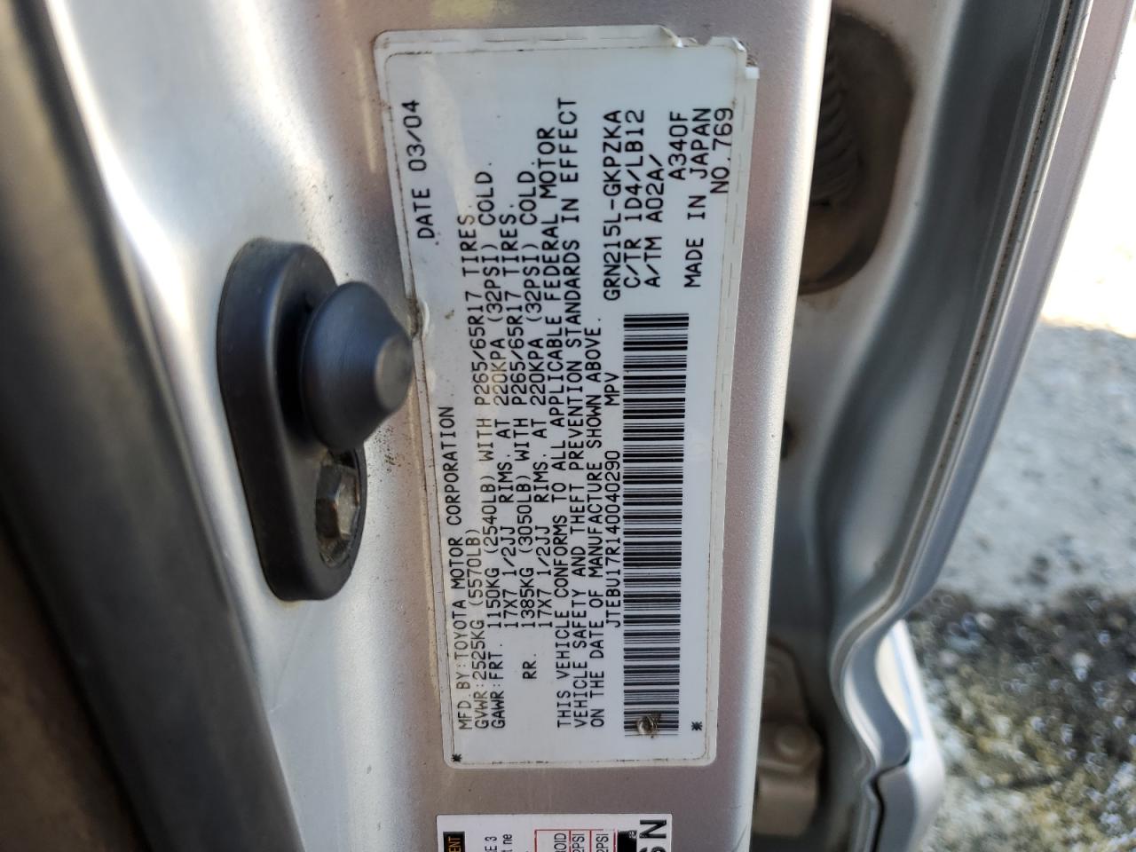 2004 Toyota 4Runner VIN JTEBU17R140040290 Copart auction photo, rear end damage thumbnail 13