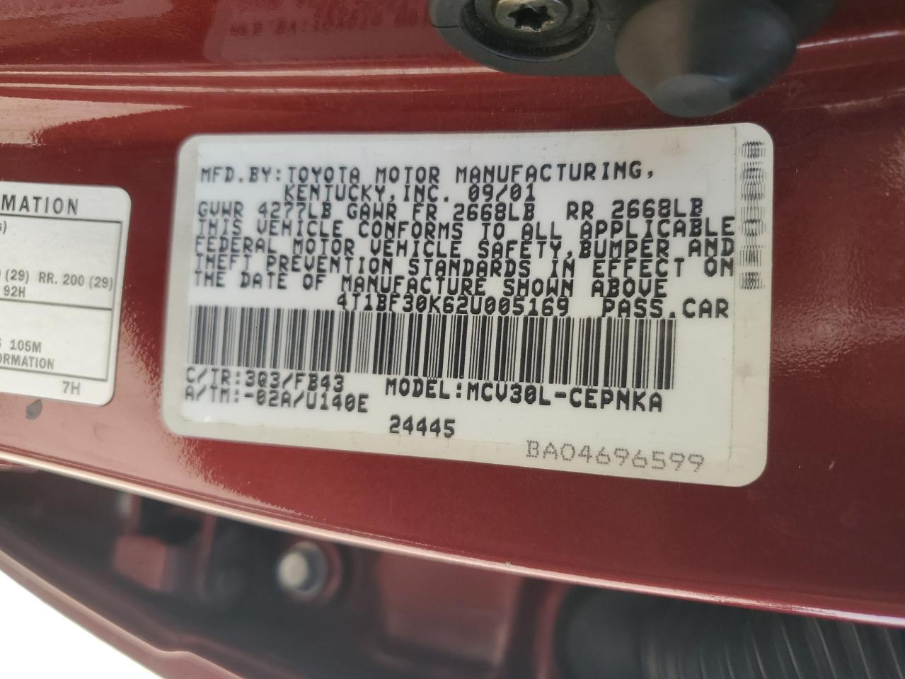 2002 Toyota Camry VIN 4T1BF30K62U005169 Copart auction photo, front end damage thumbnail 15