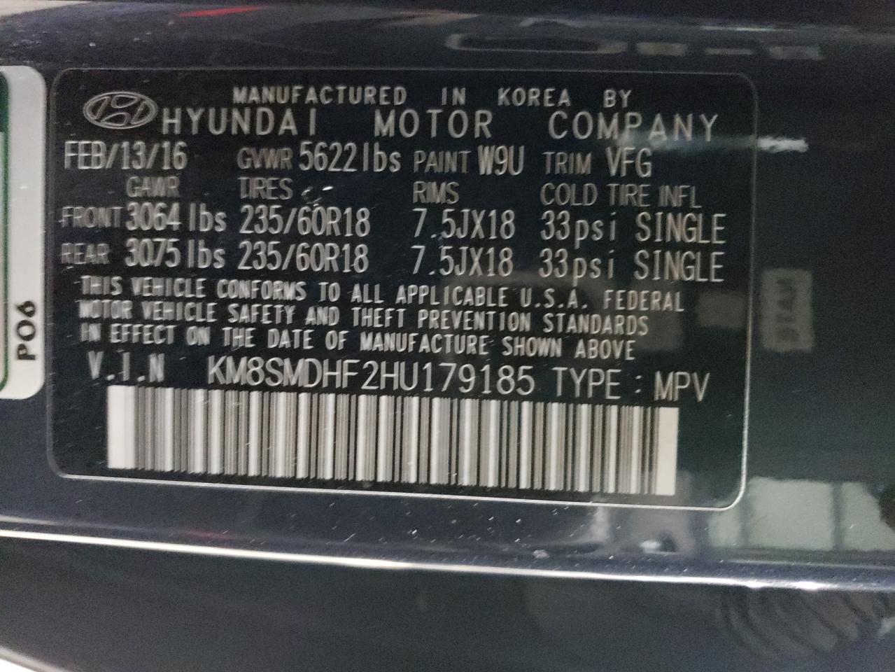 2017 Hyundai Santa Fe VIN KM8SMDHF2HU179185 Copart auction photo, mechanical damage thumbnail 13