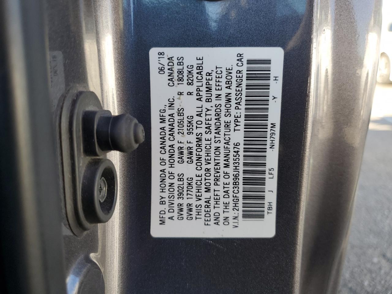 2018 Honda Civic VIN 2HGFC3B96JH355476 Copart auction photo, all over / undercarriage damage thumbnail 12