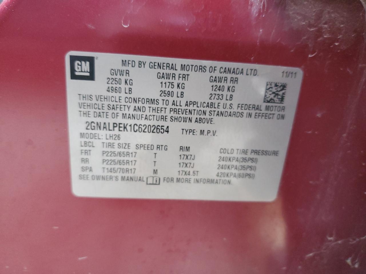 2012 Chevrolet Equinox VIN 2GNALPEK1C6202654 Copart auction photo, front end / rear end damage thumbnail 16