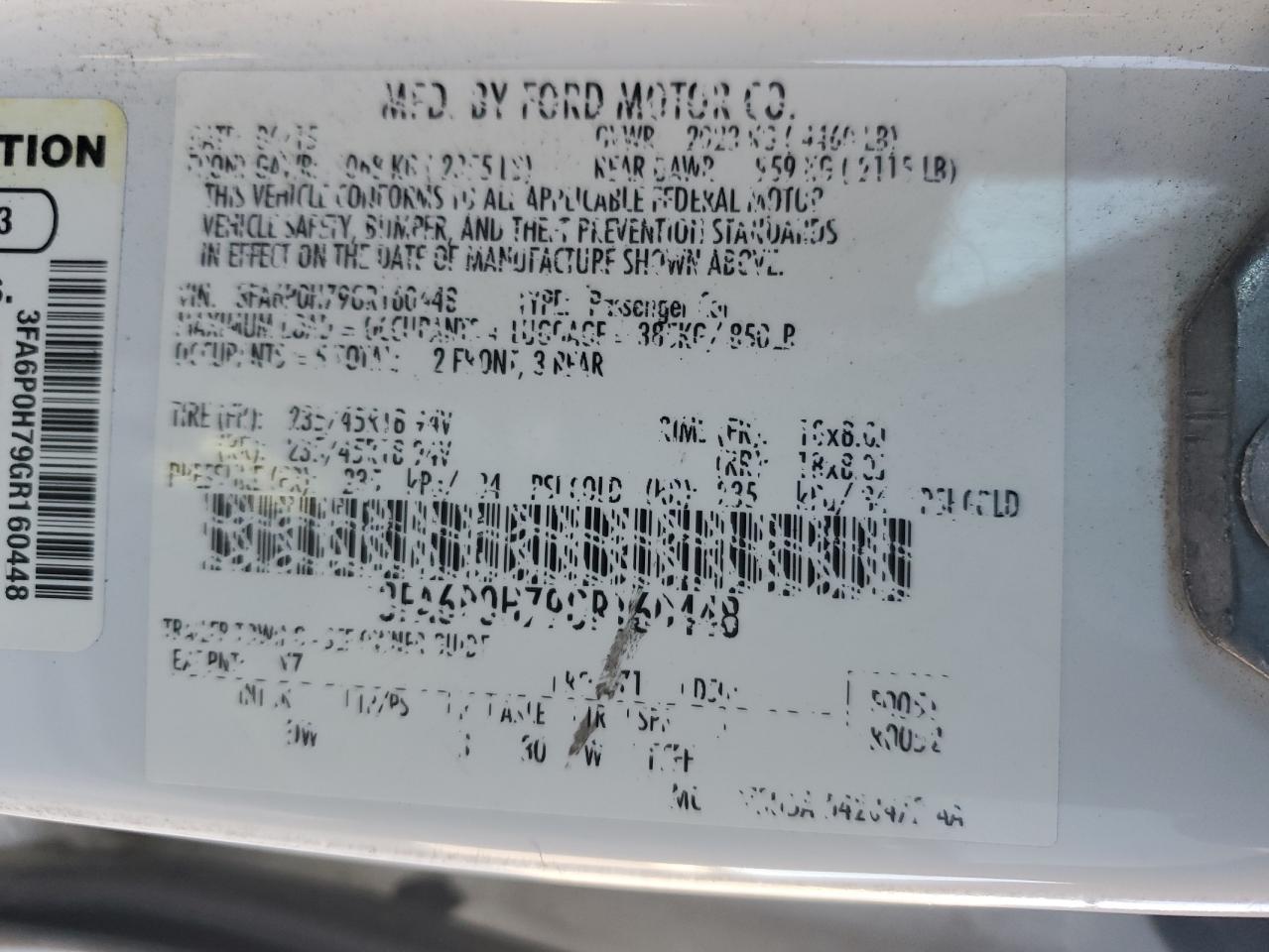2016 Ford Fusion VIN 3FA6P0H79GR160448 Copart auction photo, side / rear end damage thumbnail 12