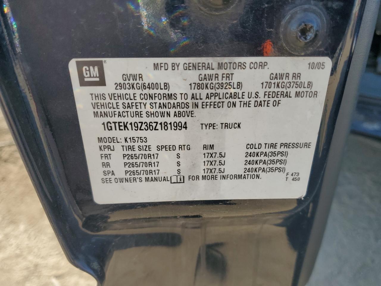 2006 GMC Sierra VIN 1GTEK19Z36Z181994 Copart auction photo, front end damage thumbnail 13