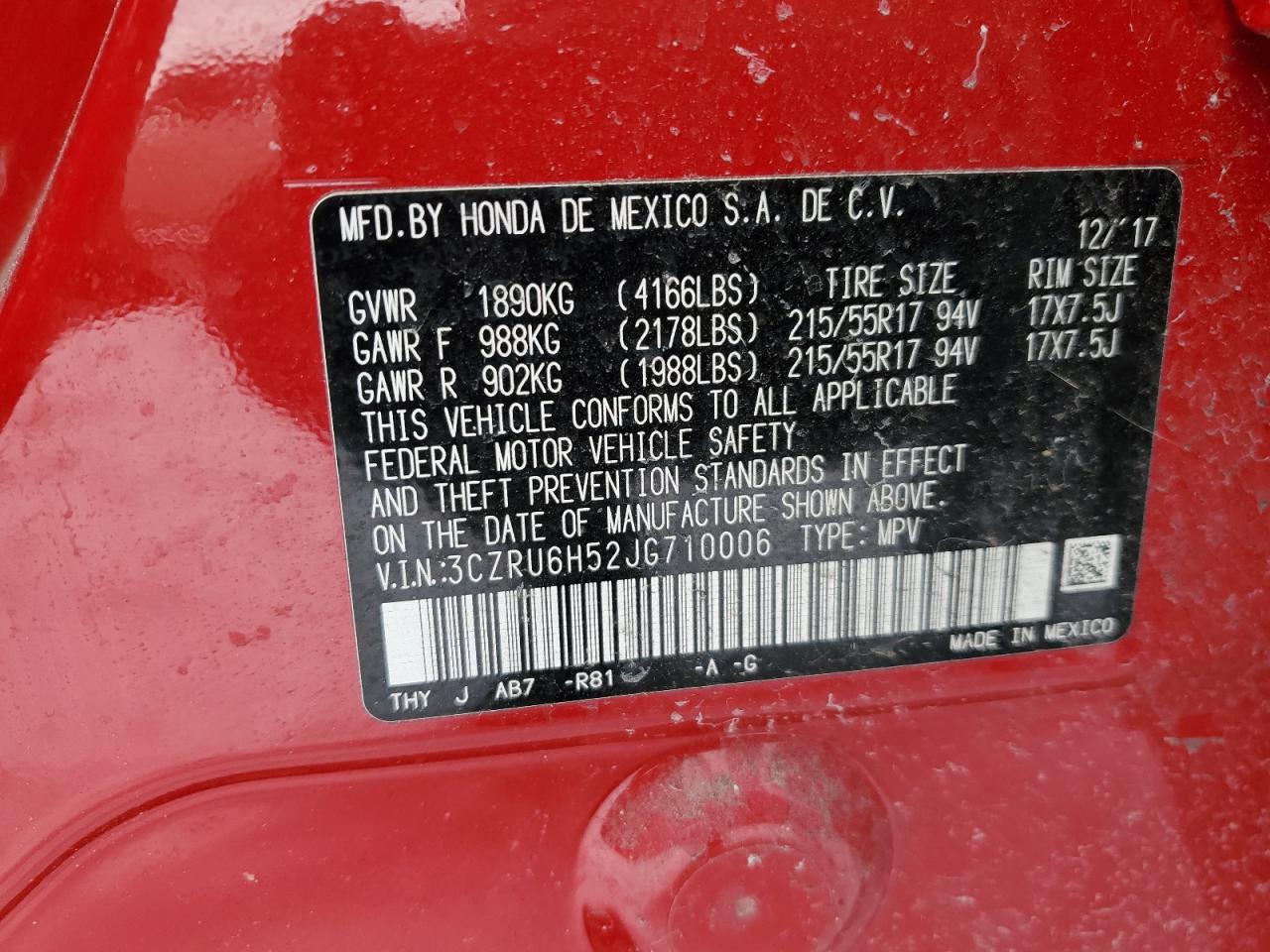 2018 Honda HR-V VIN 3CZRU6H52JG710006 Copart auction photo, rear end damage thumbnail 13