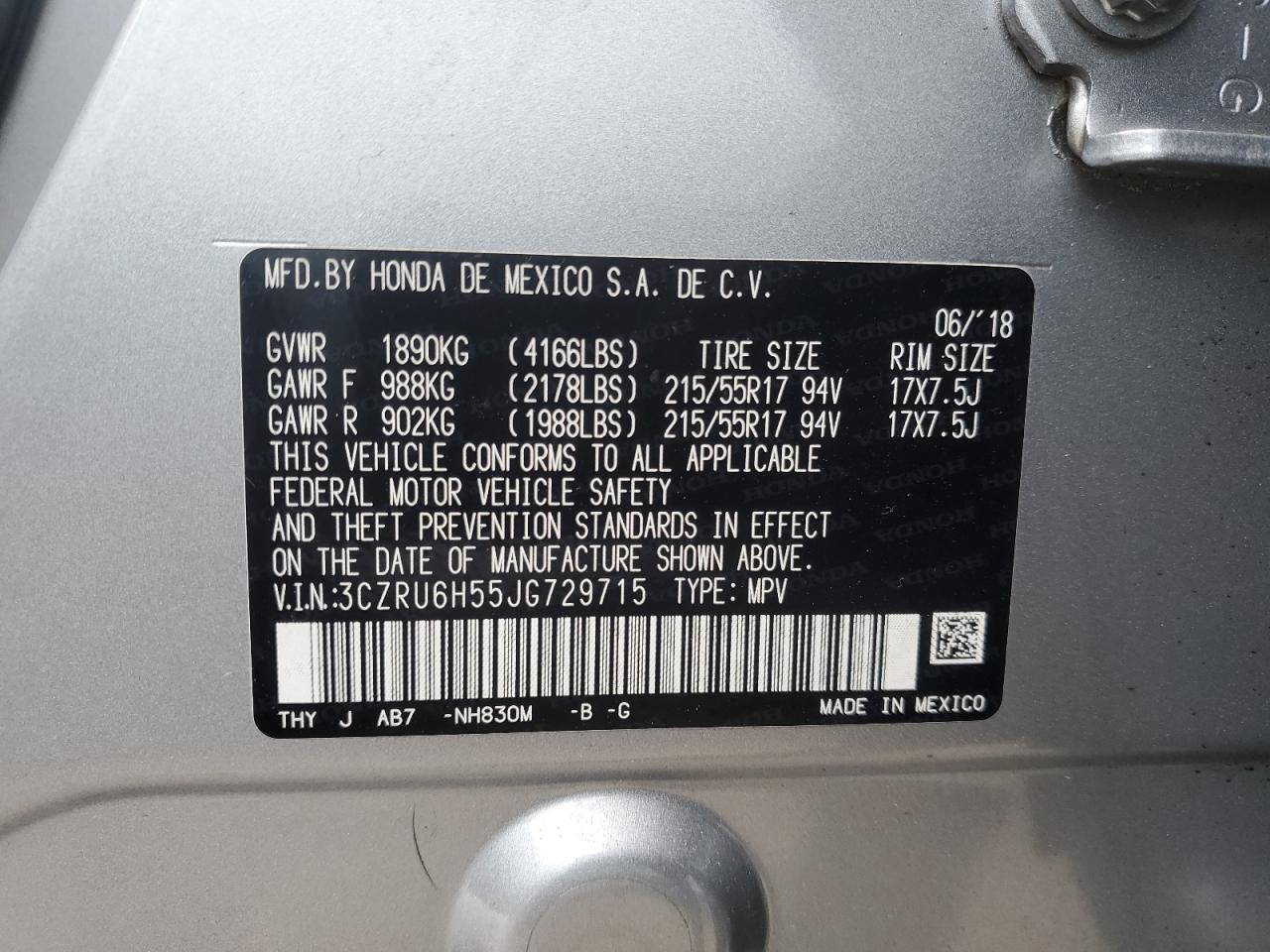 2018 Honda HR-V VIN 3CZRU6H55JG729715 Copart auction photo, front end / side damage thumbnail 16