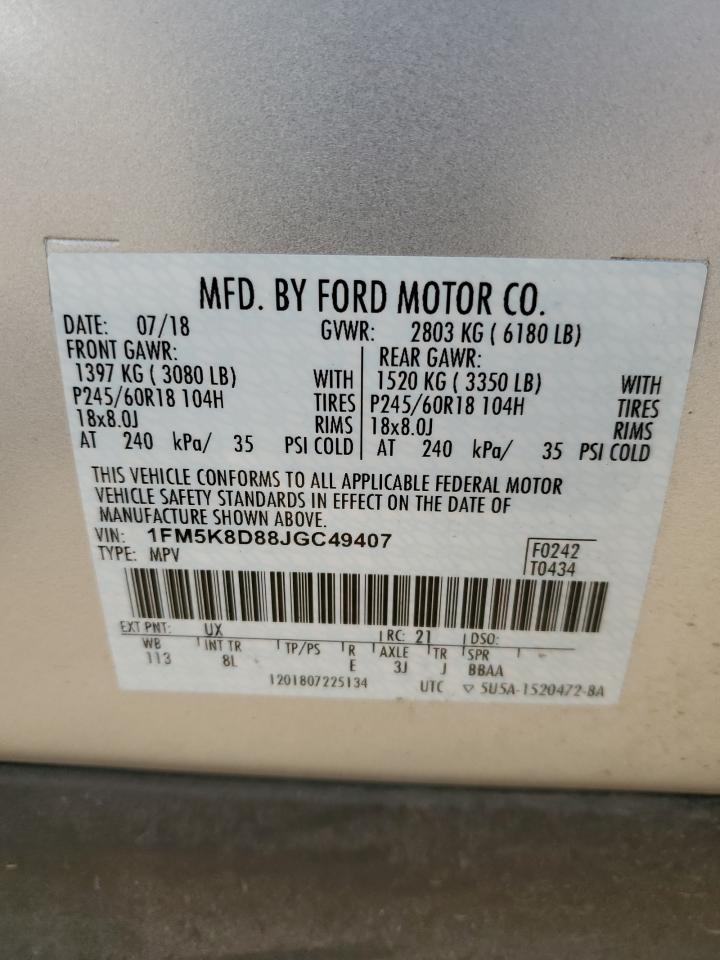 2018 Ford Explorer VIN 1FM5K8D88JGC49407 Copart auction photo, front end damage thumbnail 13