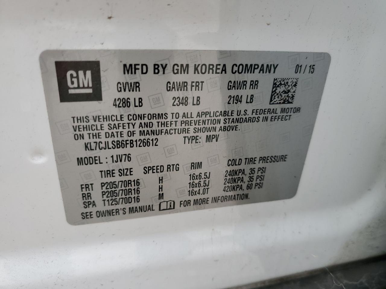 2015 Chevrolet Trax VIN KL7CJLSB6FB126612 Copart auction photo, front end / minor dent/scratches damage thumbnail 13