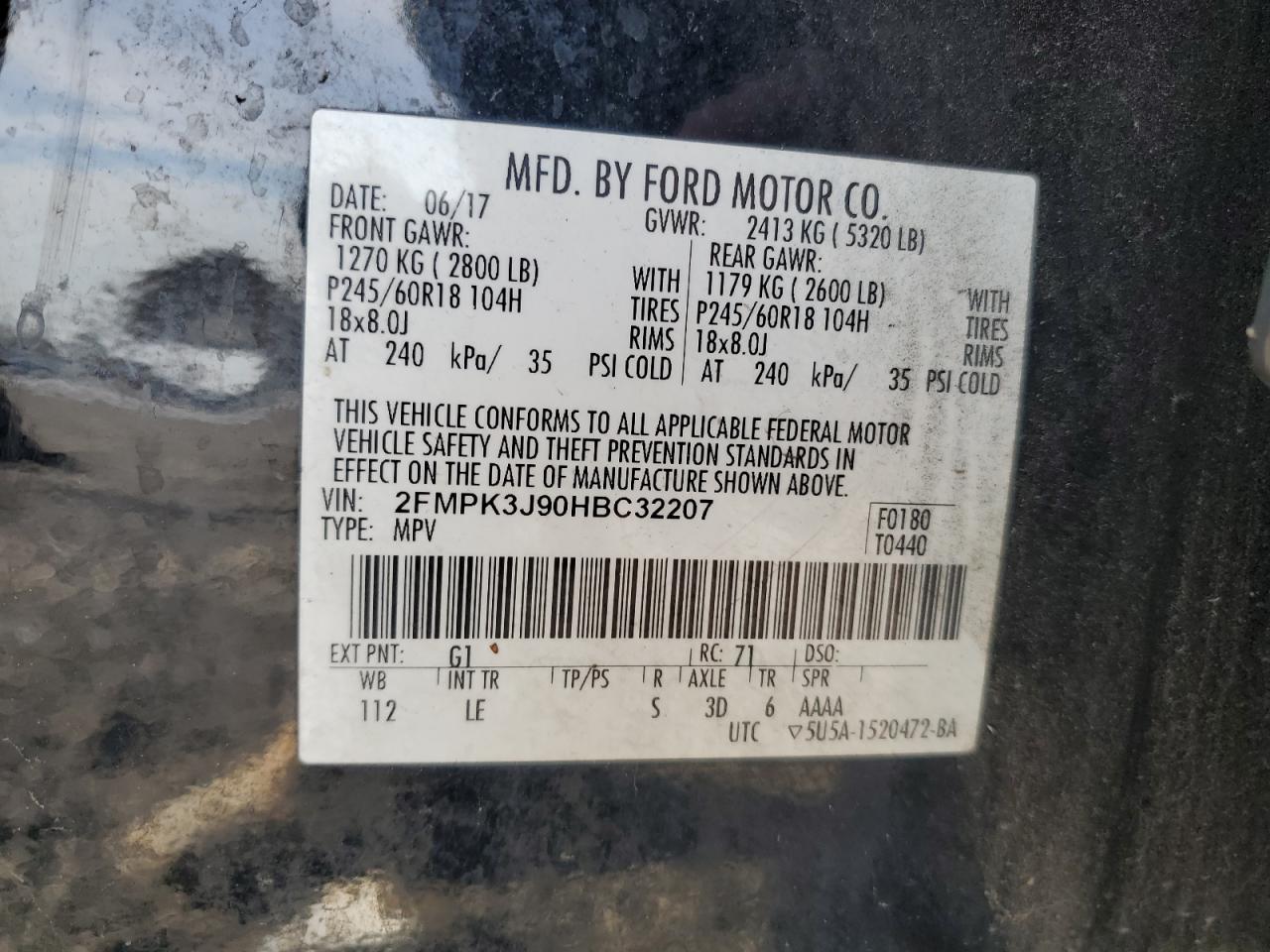 2017 Ford Edge VIN 2FMPK3J90HBC32207 Copart auction photo, mechanical damage thumbnail 12