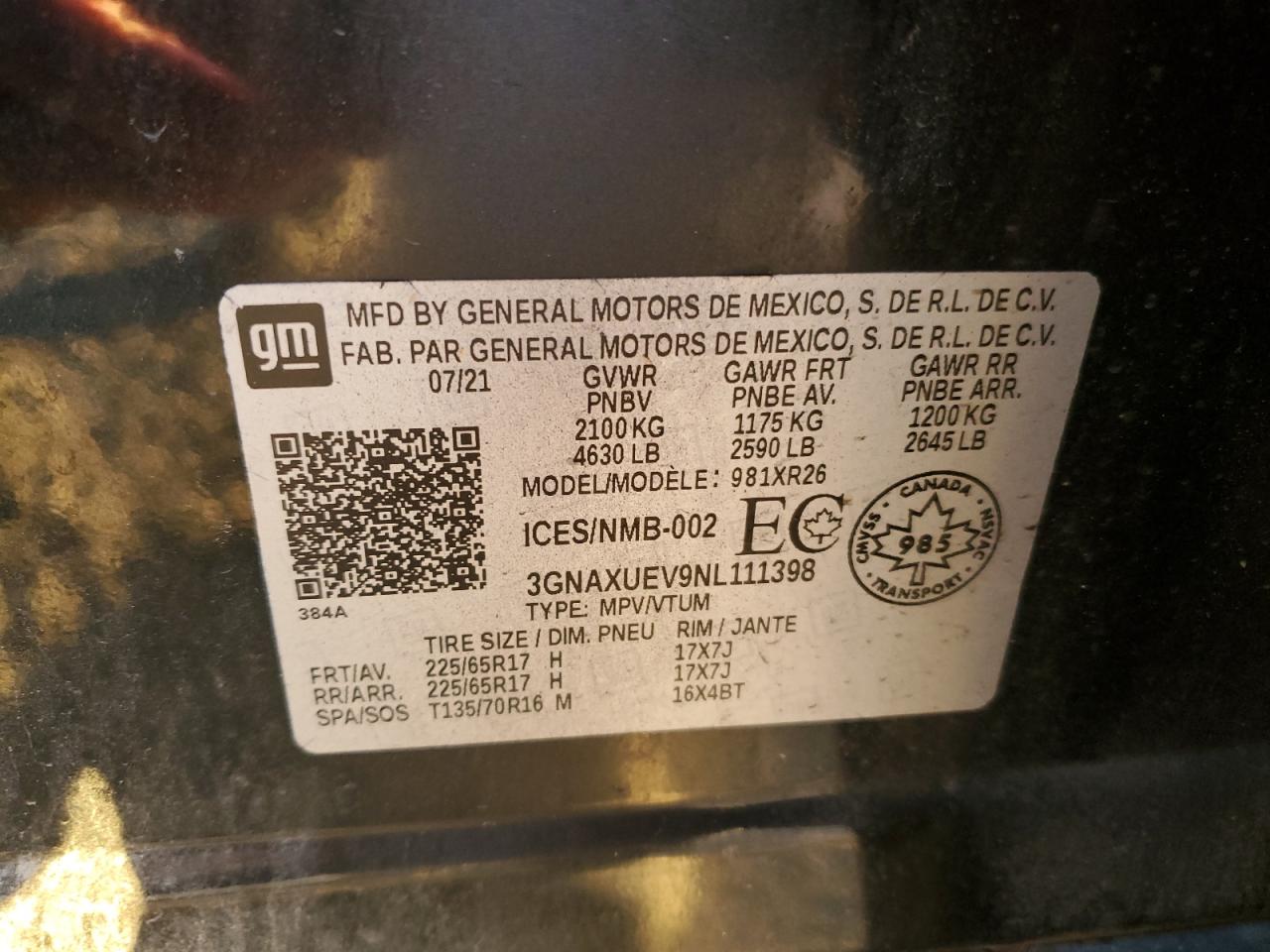 2022 Chevrolet Equinox VIN 3GNAXUEV9NL111398 Copart auction photo, front end / rear end damage thumbnail 14