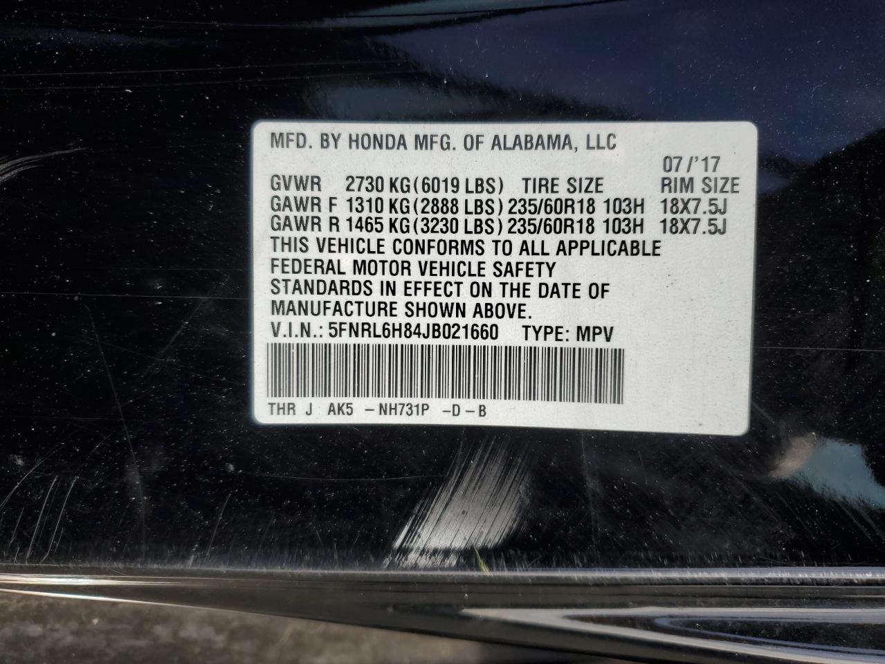 2018 Honda Odyssey VIN 5FNRL6H84JB021660 Copart auction photo, side / rear end damage thumbnail 15