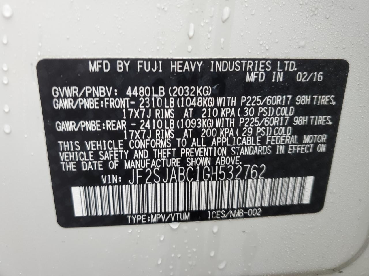 2016 Subaru Forester VIN JF2SJABC1GH532762 Copart auction photo, front end / minor dent/scratches damage thumbnail 13