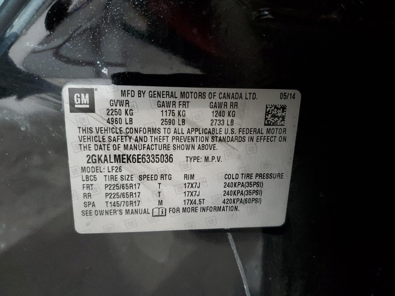 2014 GMC Terrain VIN 2GKALMEK6E6335036 Copart auction photo, side damage thumbnail 13