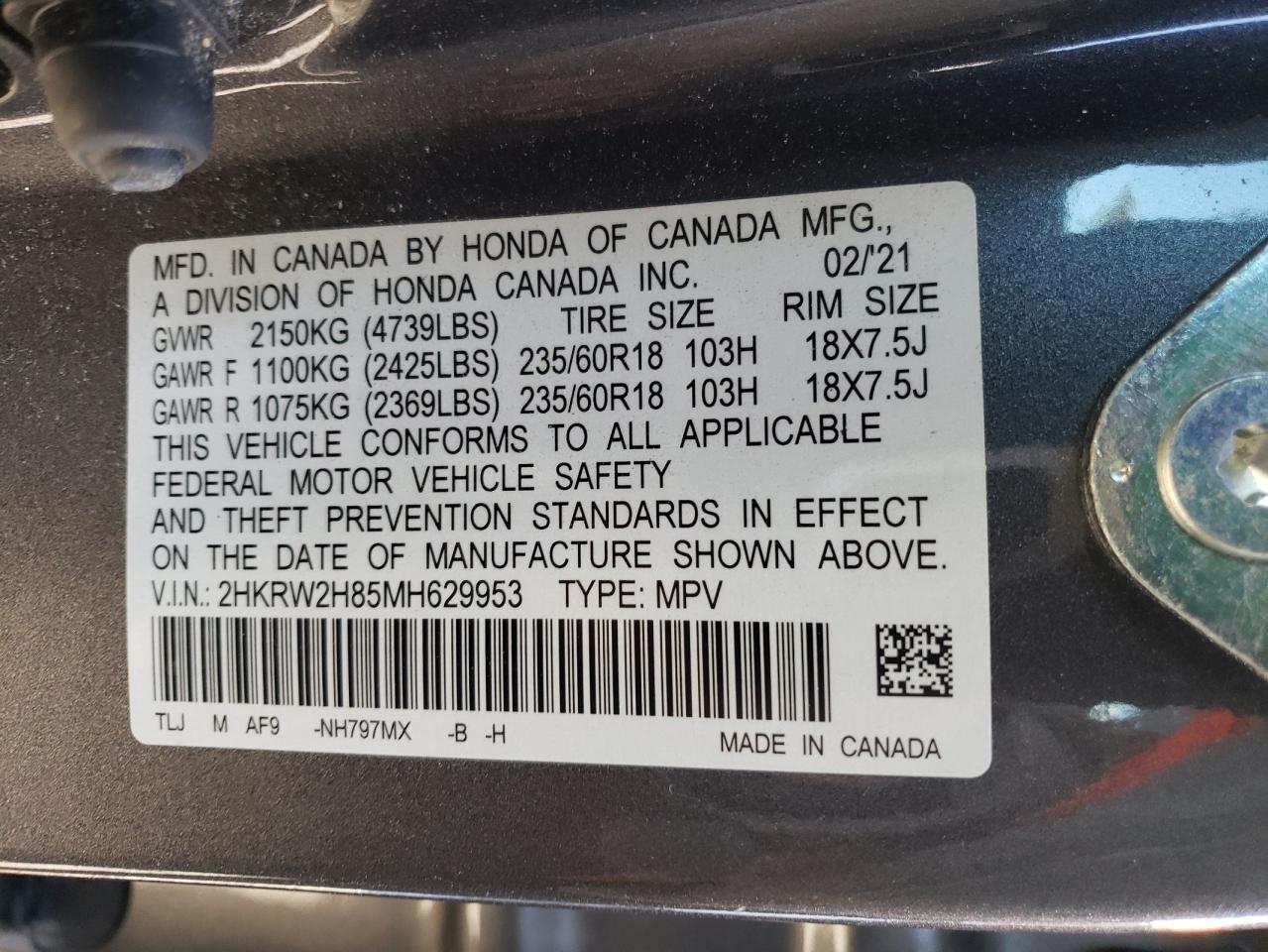 2021 Honda CR-V VIN 2HKRW2H85MH629953 Copart auction photo, front end / rear end damage thumbnail 14
