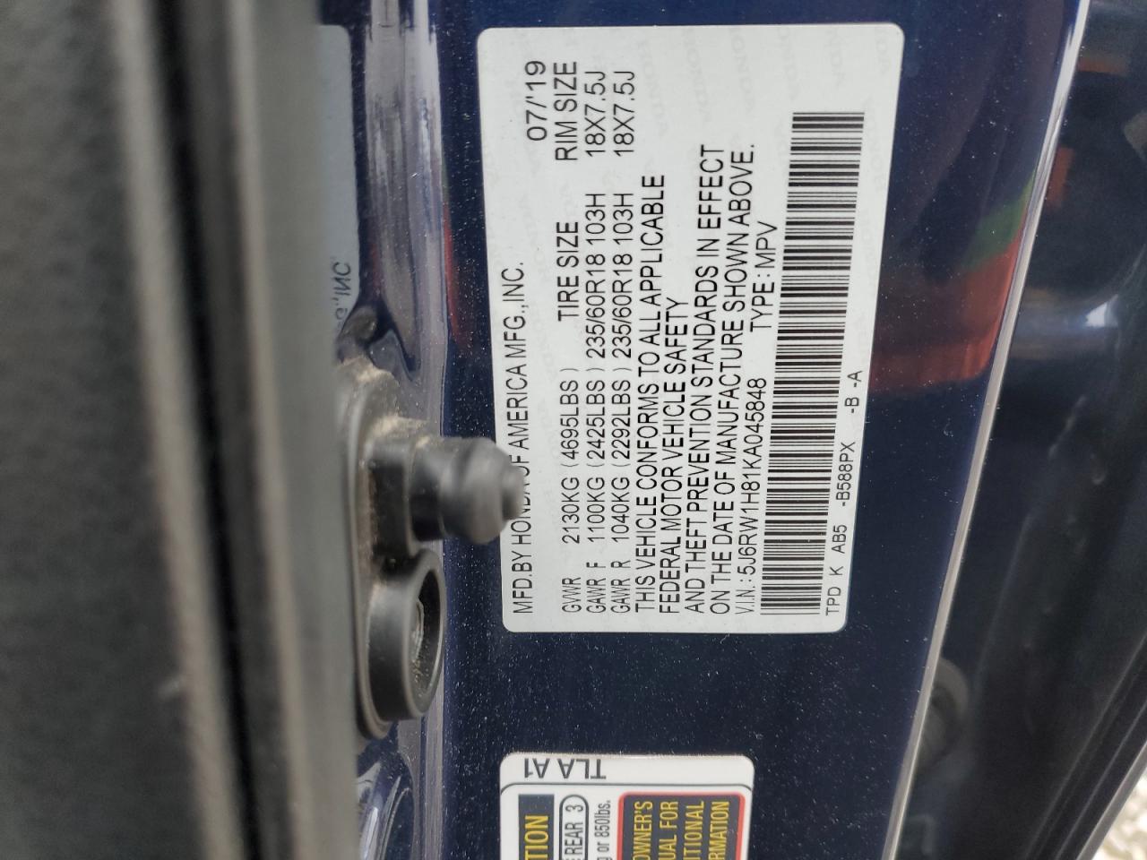 2019 Honda CR-V VIN 5J6RW1H81KA045848 Copart auction photo, all over damage thumbnail 13