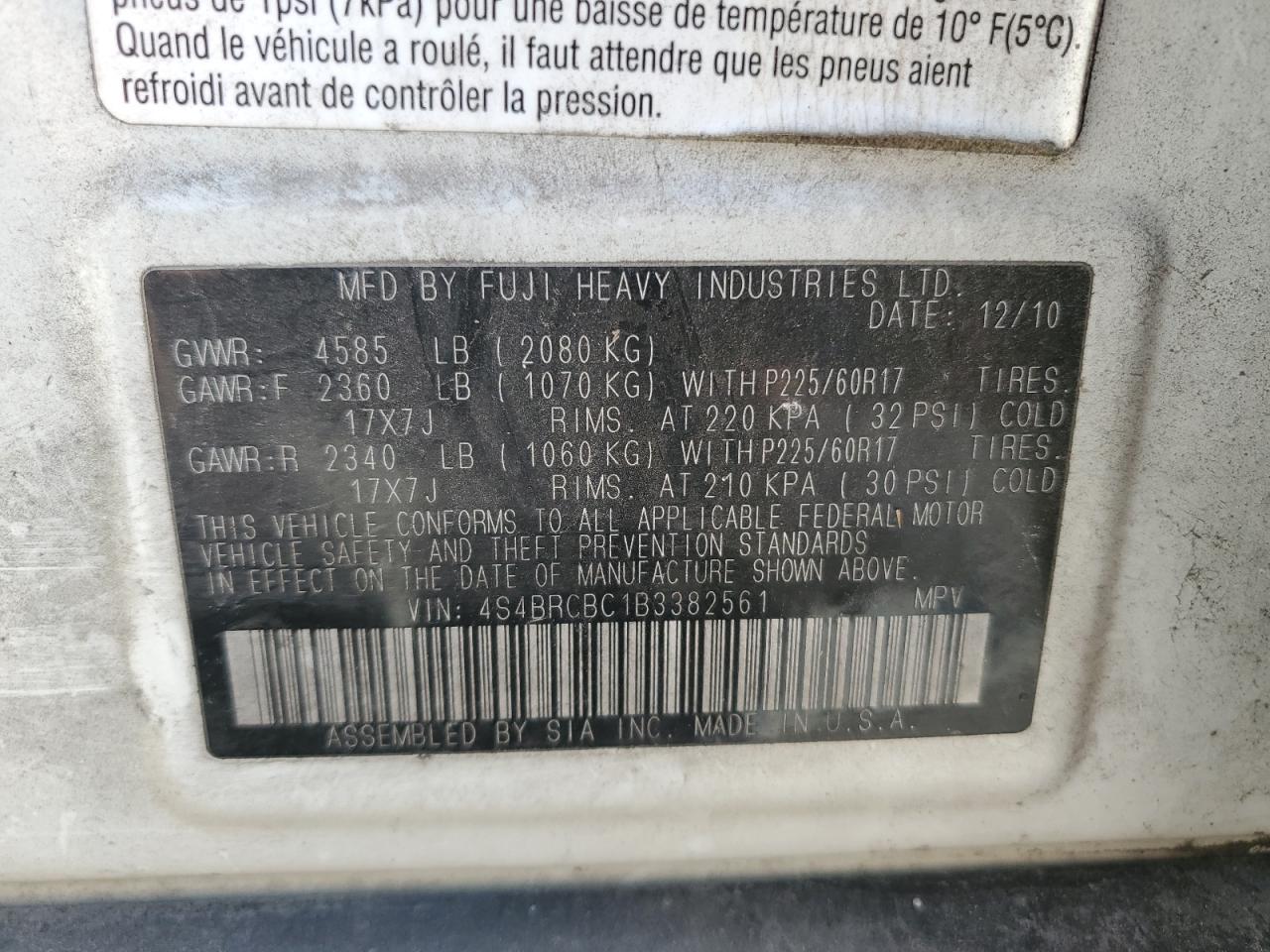 2011 Subaru Outback VIN 4S4BRCBC1B3382561 Copart auction photo, front end damage thumbnail 13
