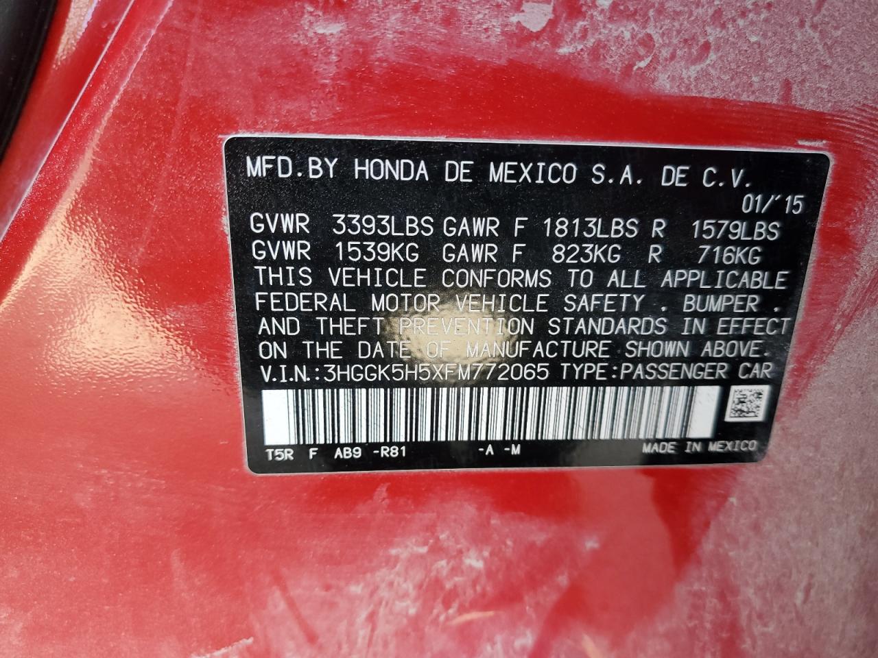 2015 Honda Fit VIN 3HGGK5H5XFM772065 Copart auction photo, front end damage thumbnail 15