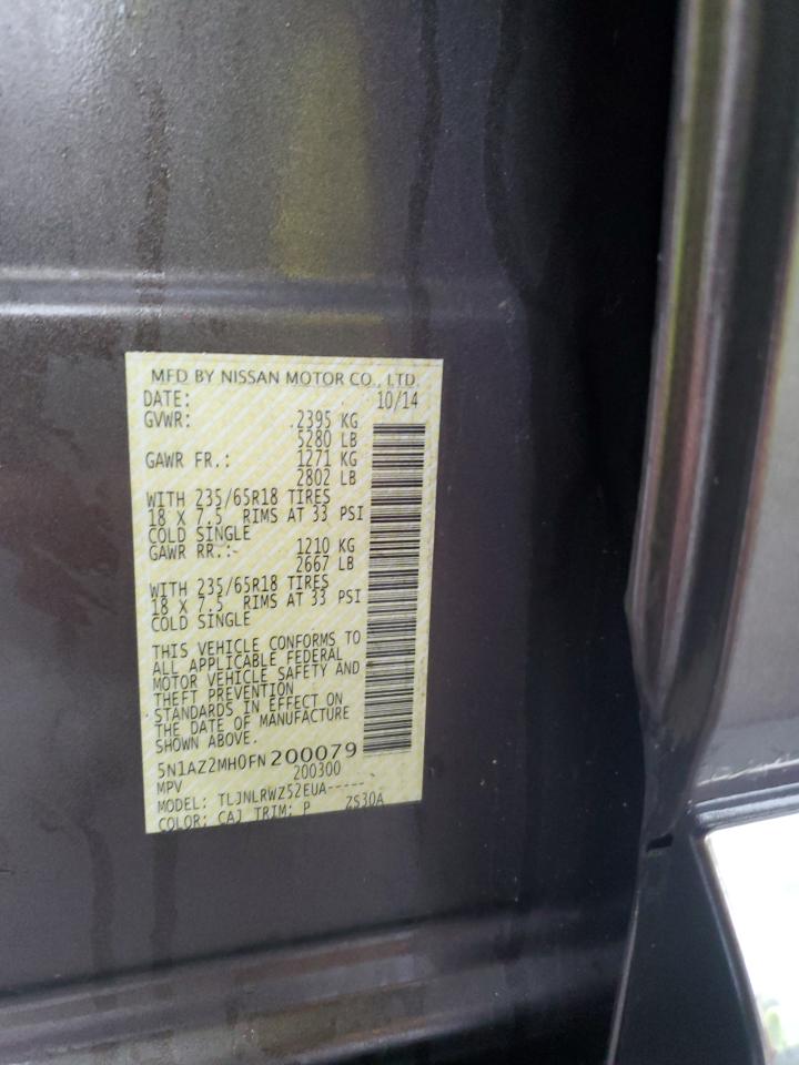 2015 Nissan Murano VIN 5N1AZ2MH0FN200079 Copart auction photo, front end damage thumbnail 13