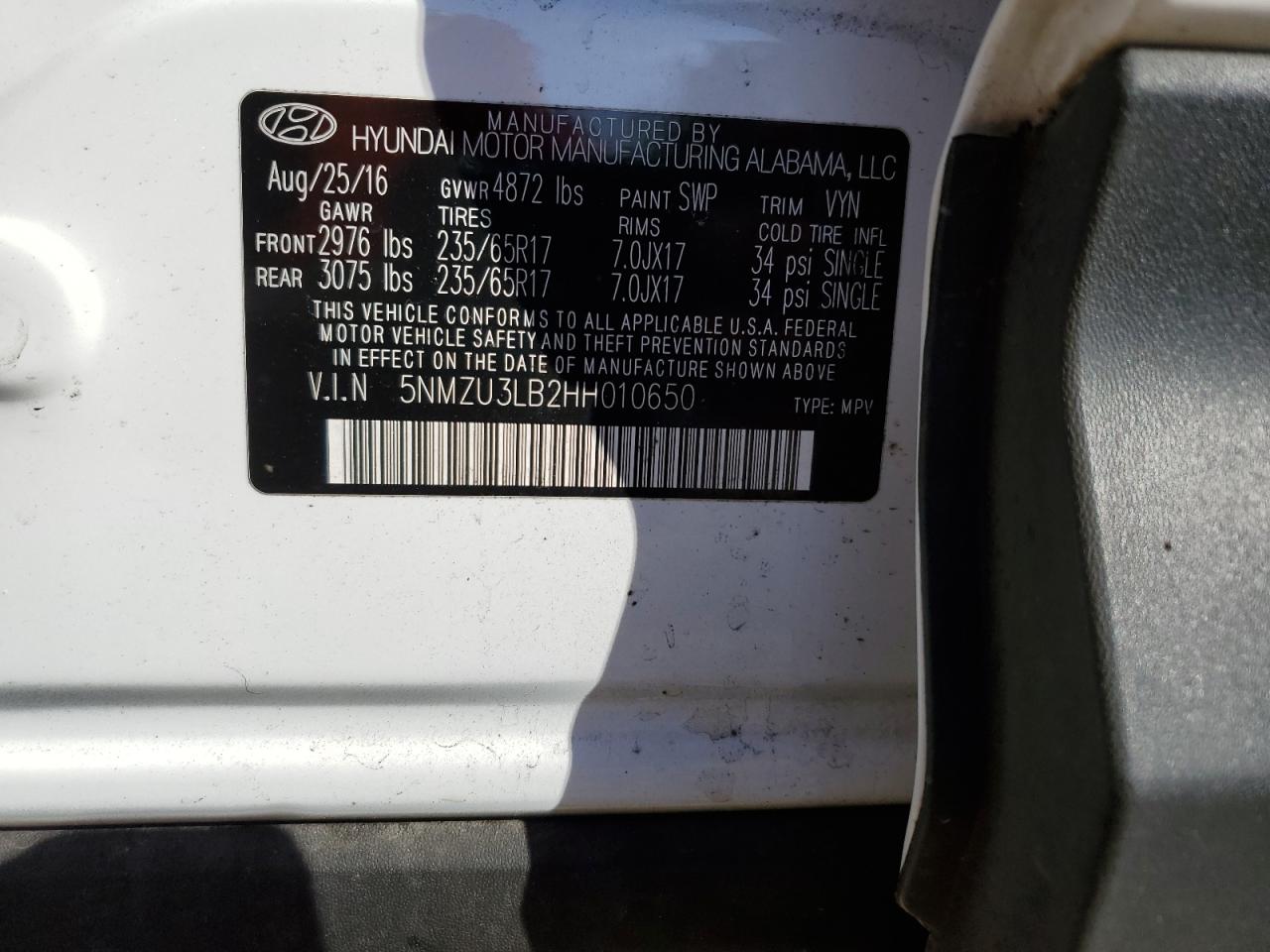 2017 Hyundai Santa Fe VIN 5NMZU3LB2HH010650 Copart auction photo, front end damage thumbnail 15