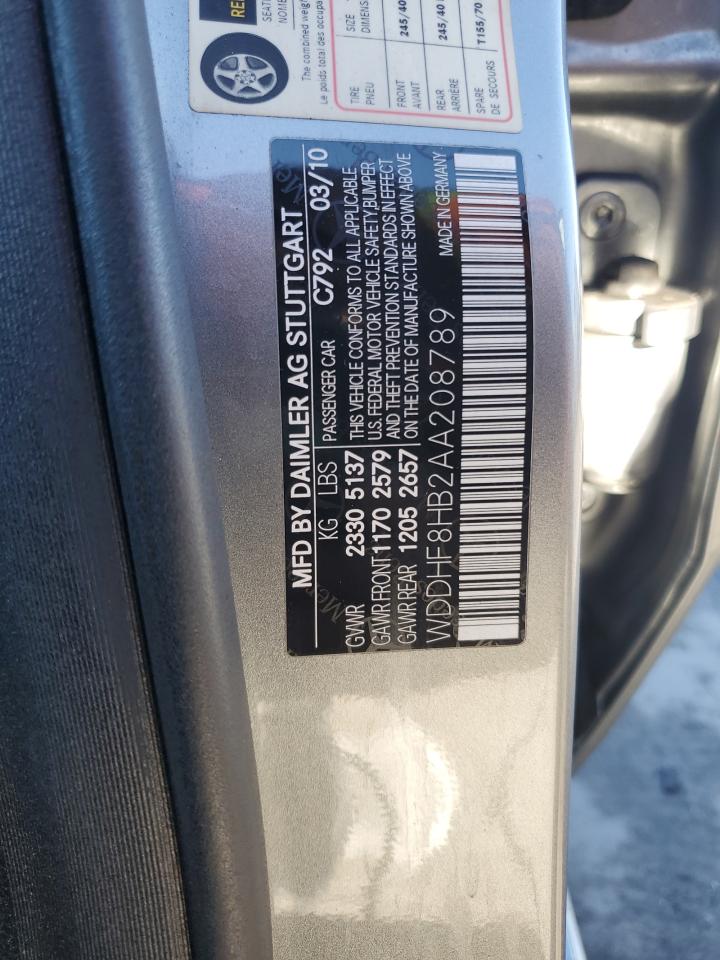 2010 Mercedes-Benz E-klasse VIN WDDHF8HB2AA208789 Copart auction photo, side / front end damage thumbnail 12