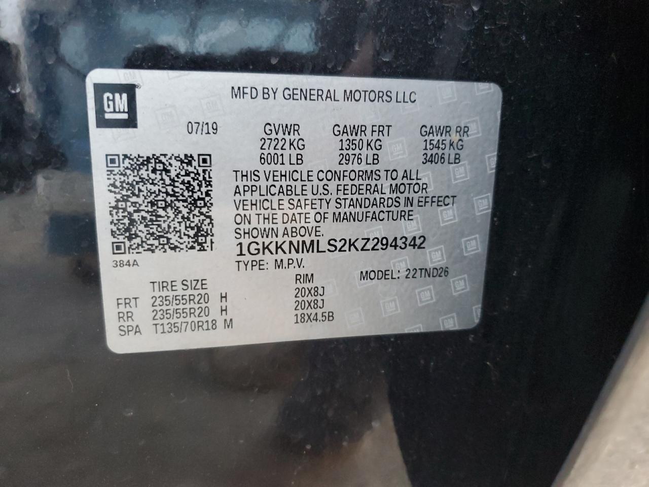 2019 GMC Acadia VIN 1GKKNMLS2KZ294342 Copart auction photo, front end / side damage thumbnail 14