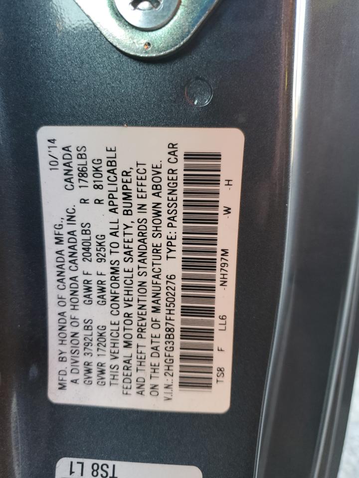 2015 Honda Civic VIN 2HGFG3B87FH502276 Copart auction photo, minor dent/scratches damage thumbnail 12