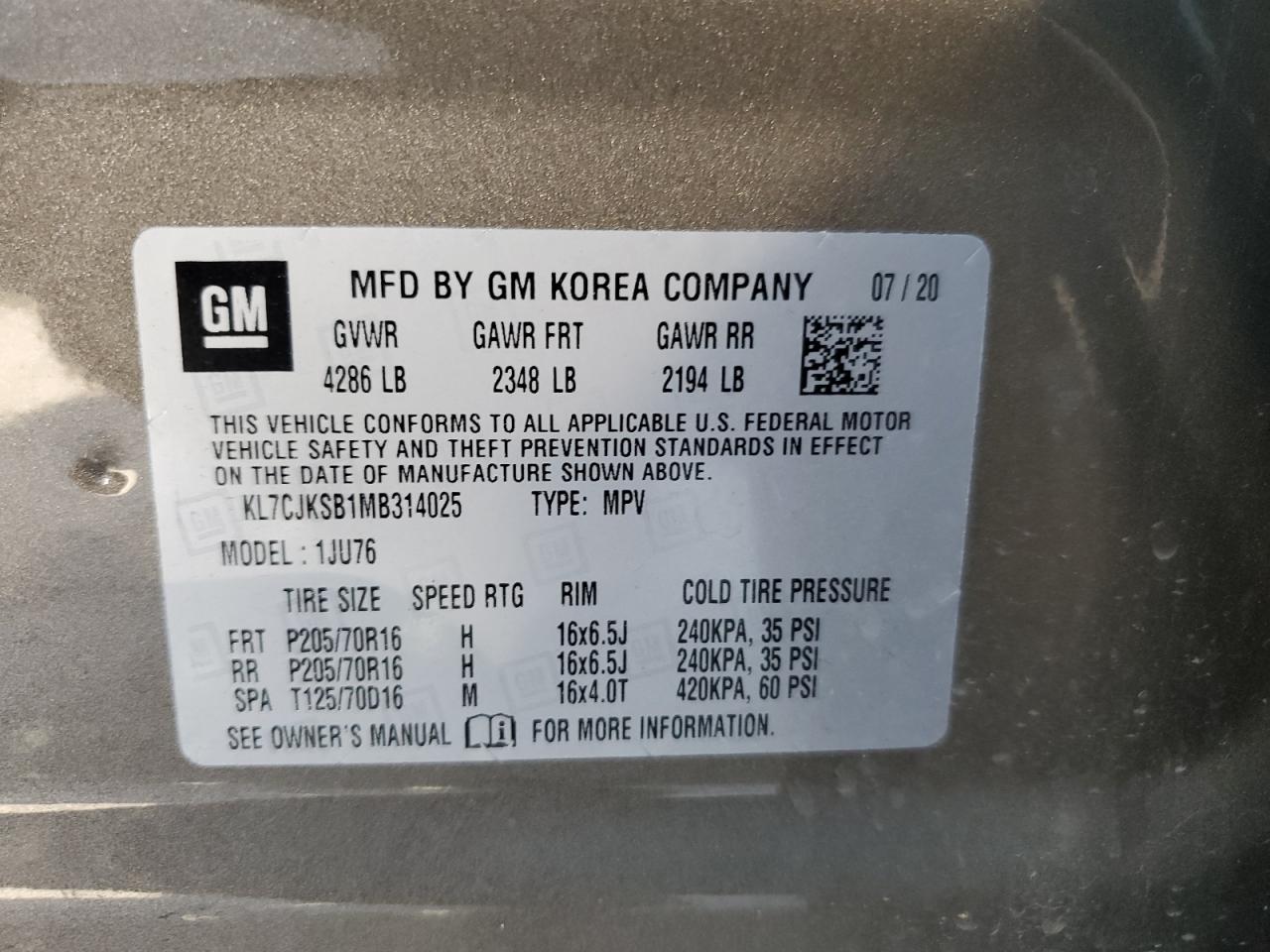 2021 Chevrolet Trax VIN KL7CJKSB1MB314025 Copart auction photo, front end damage thumbnail 12