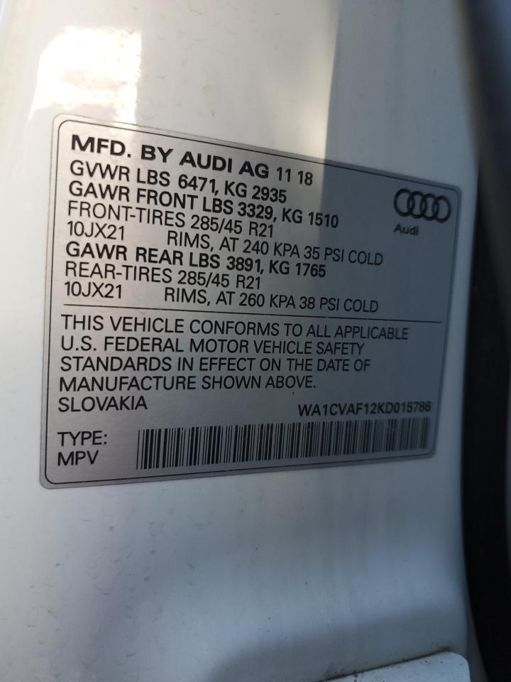 2019 Audi Q8 VIN WA1CVAF12KD015786 Copart auction photo, rear end / front end damage thumbnail 15