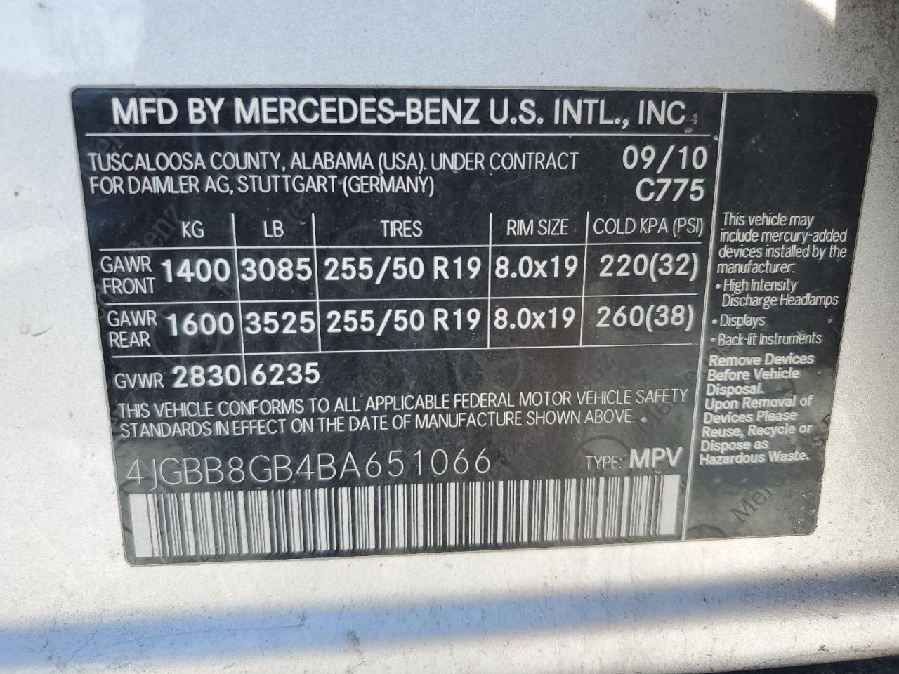 2011 Mercedes-Benz M-klasse VIN 4JGBB8GB4BA651066 Copart auction photo, front end damage thumbnail 13