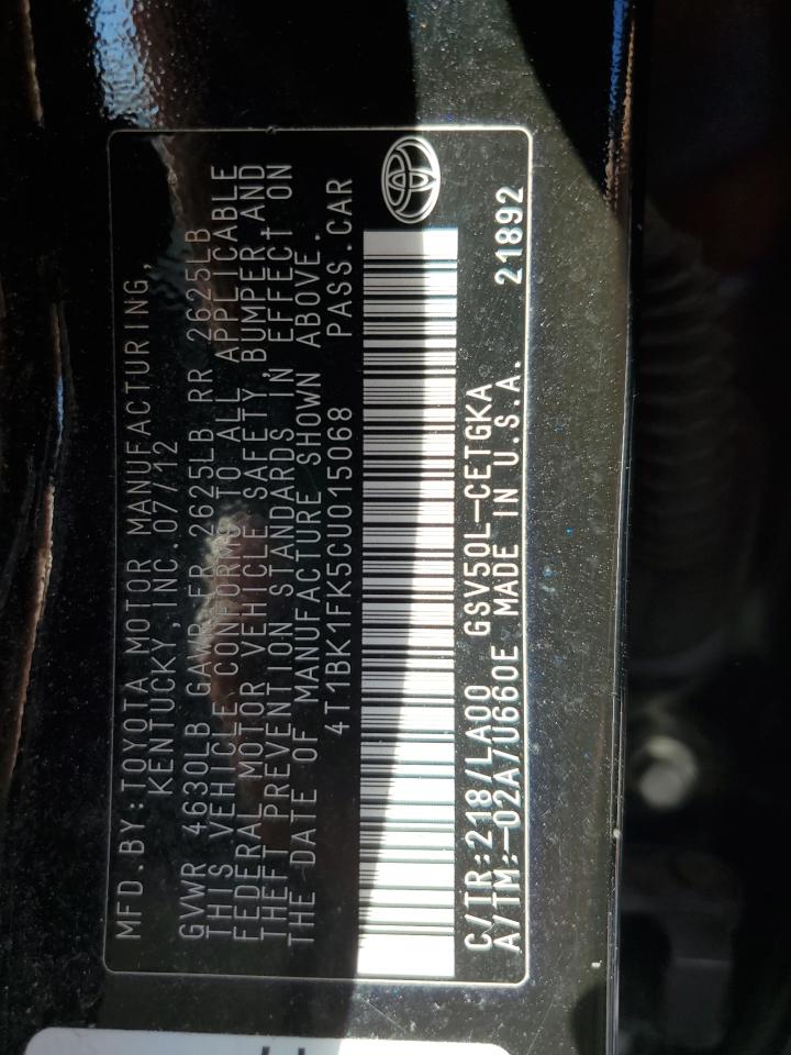 2012 Toyota Camry VIN 4T1BK1FK5CU015068 Copart auction photo, front end damage thumbnail 14