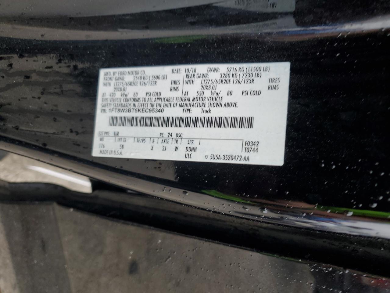 2019 Ford F350 VIN 1FT8W3BT5KEC95340 Copart auction photo, front end damage thumbnail 12