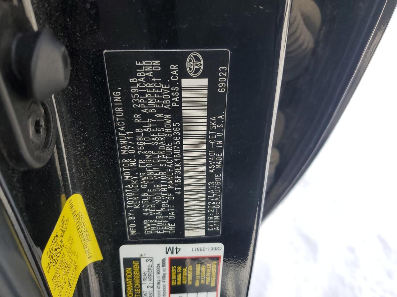 2011 Toyota Camry VIN 4T1BF3EK1BU756365 Copart auction photo, all over damage thumbnail 12