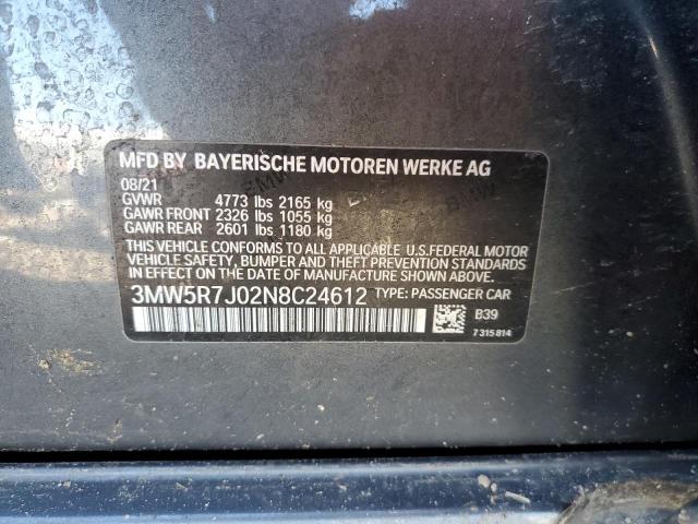 2022 BMW 3er VIN 3MW5R7J02N8C24612 Copart auction photo, rollover / all over damage thumbnail 13