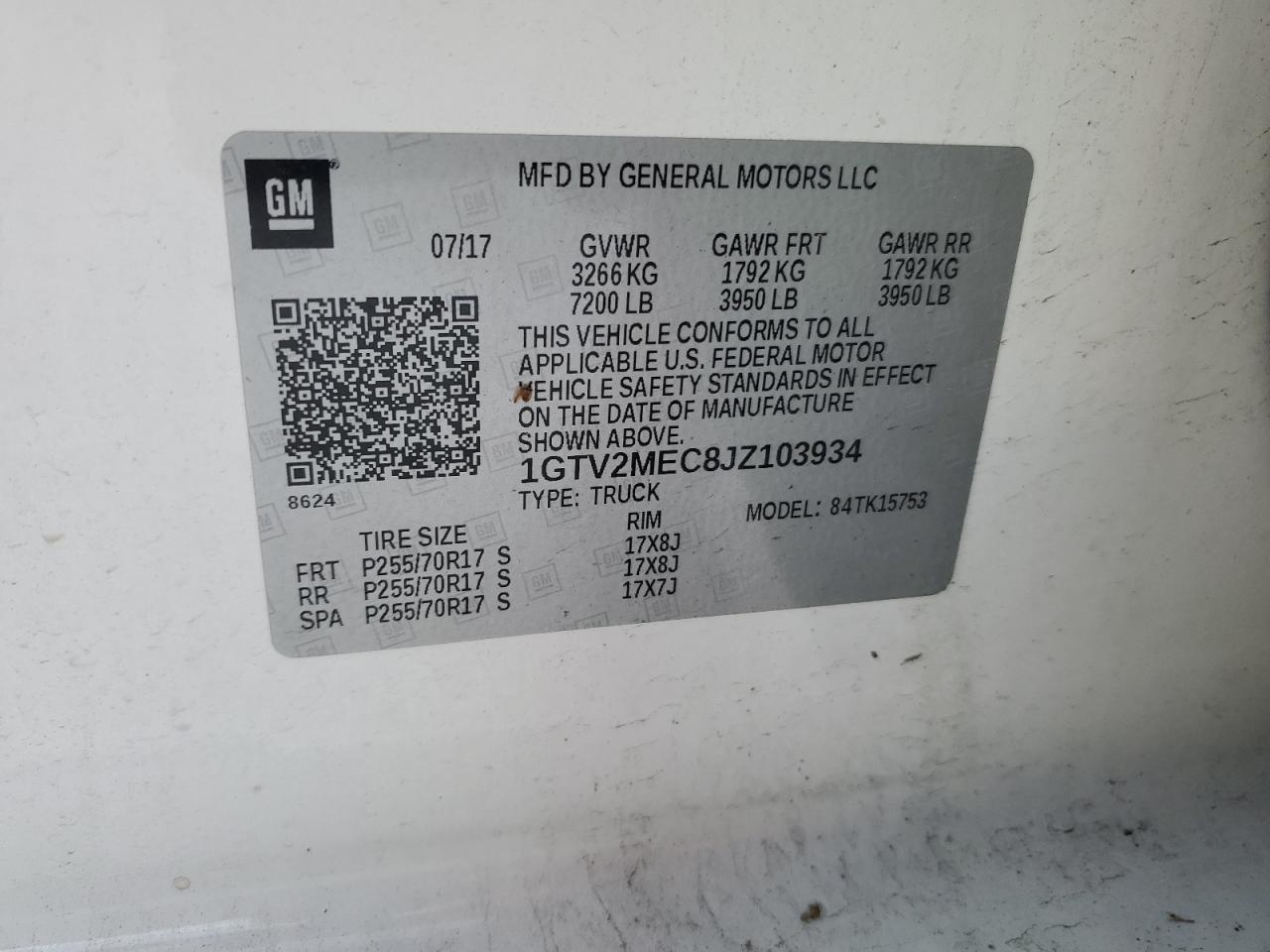 2018 GMC Sierra VIN 1GTV2MEC8JZ103934 Copart auction photo, front end / rear end damage thumbnail 14