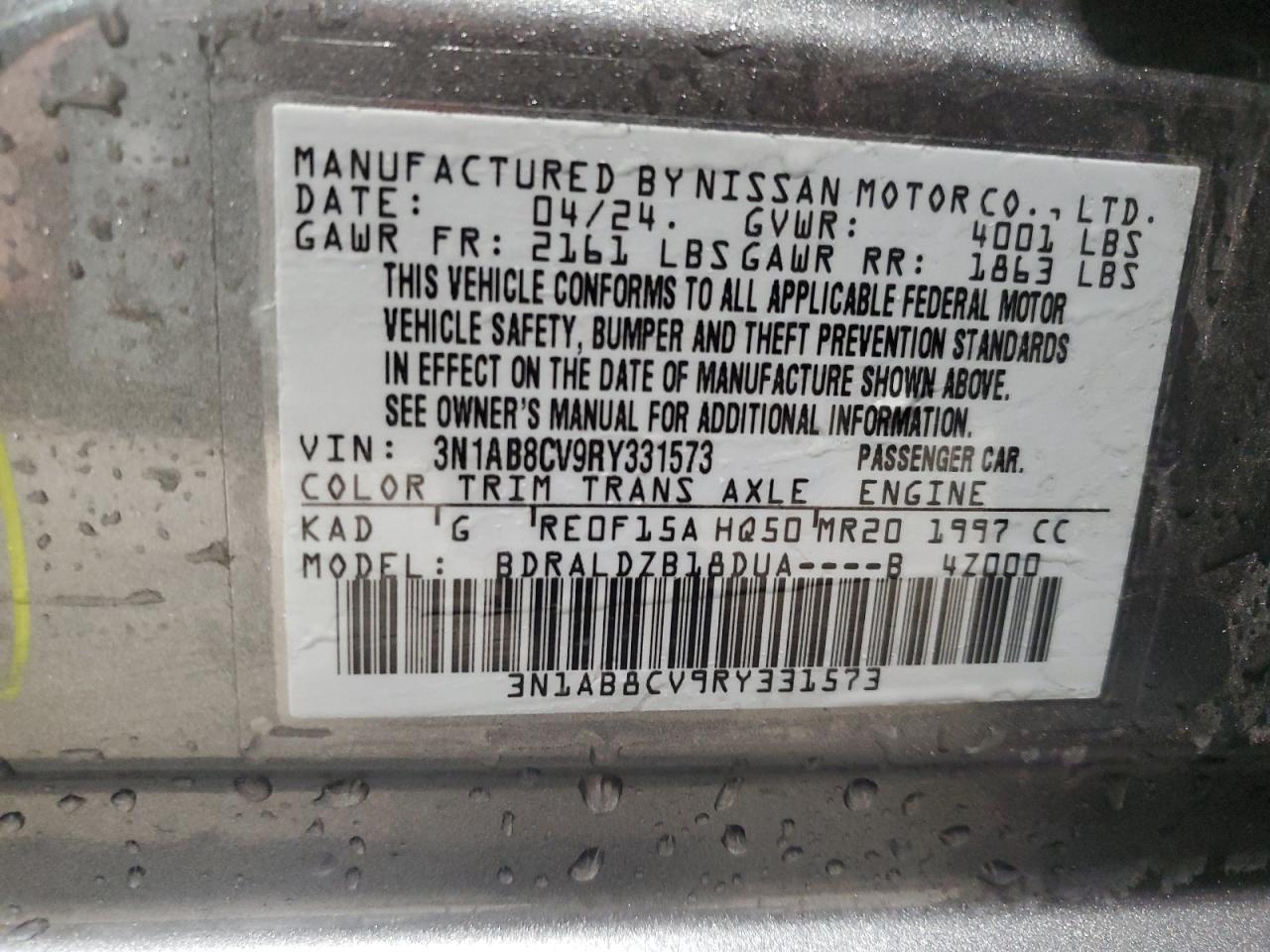 2024 Nissan Sentra VIN 3N1AB8CV9RY331573 Copart auction photo, hail damage thumbnail 12