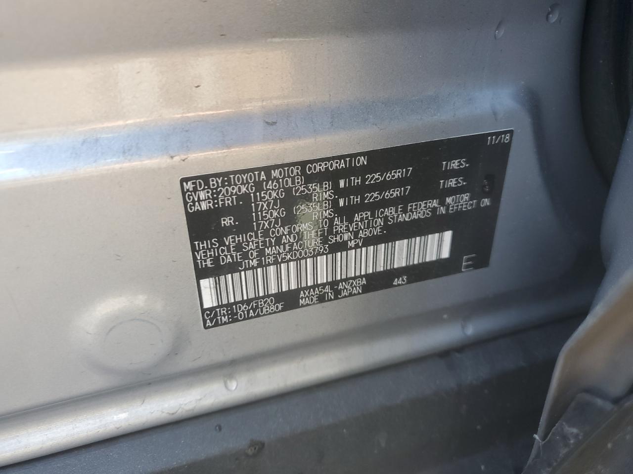 2019 Toyota RAV 4 VIN JTMF1RFV5KD003793 Copart auction photo, rear end damage thumbnail 14