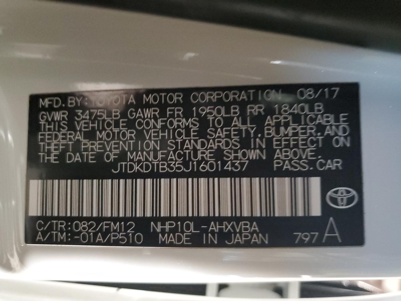 2018 Toyota Prius VIN JTDKDTB35J1601437 Copart auction photo, front end / minor dent/scratches damage thumbnail 13