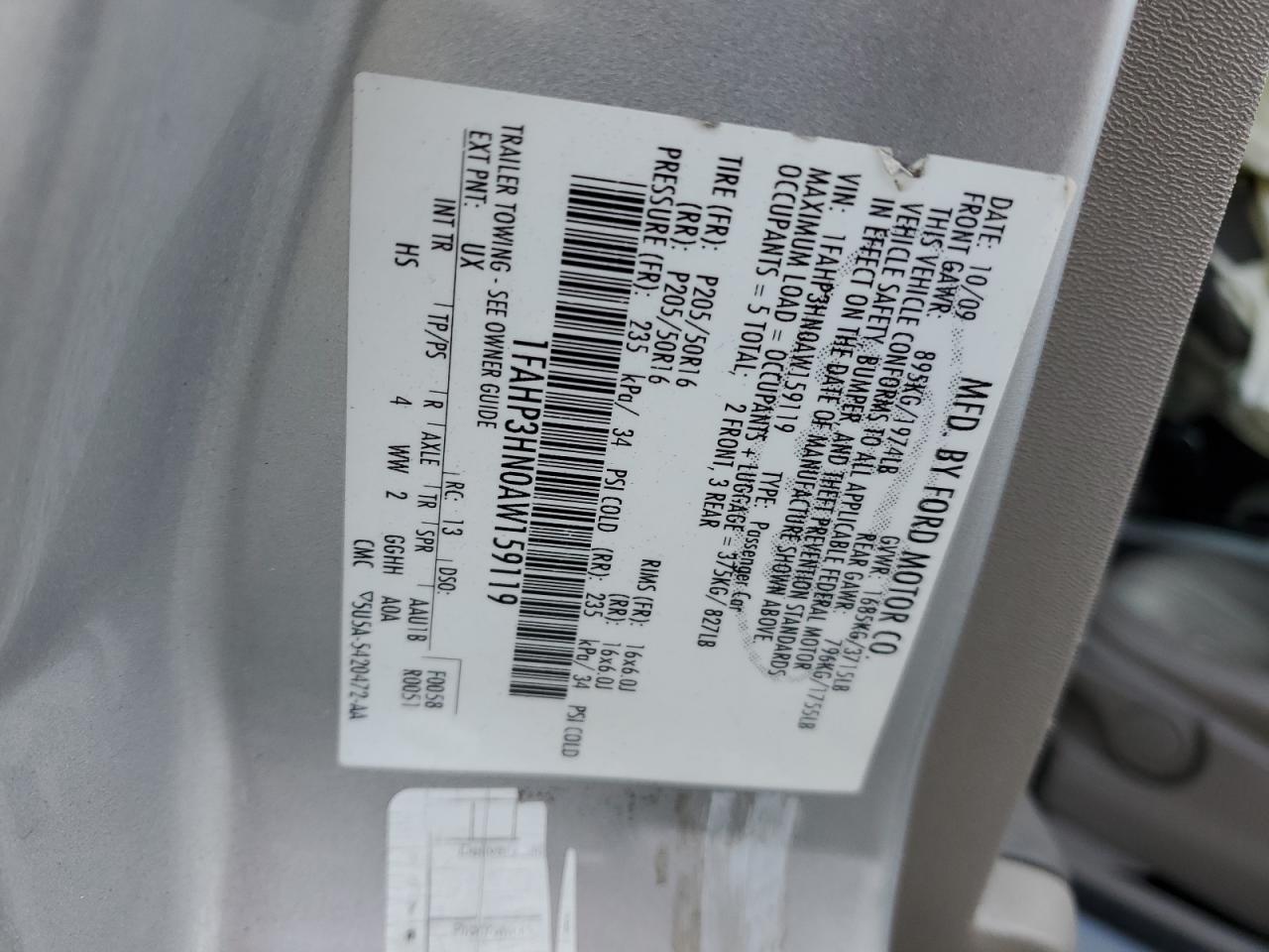 2010 Ford Focus VIN 1FAHP3HN0AW159119 Copart auction photo, mechanical / front end damage thumbnail 12