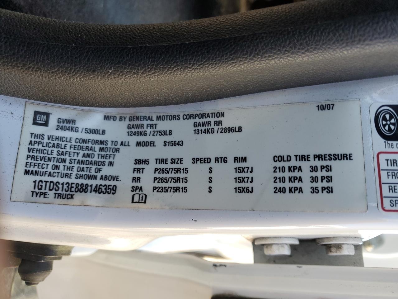 2008 GMC Canyon VIN 1GTDS13E888146359 Copart auction photo, rollover damage thumbnail 12