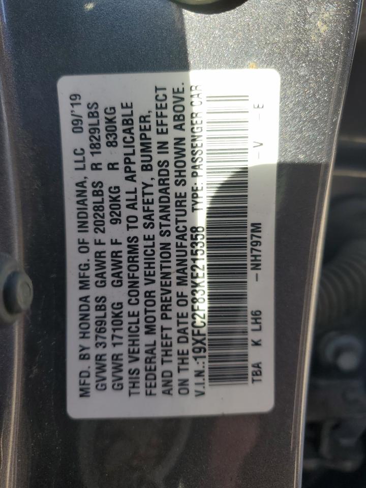 2019 Honda Civic VIN 19XFC2F83KE215358 Copart auction photo, front end damage thumbnail 14