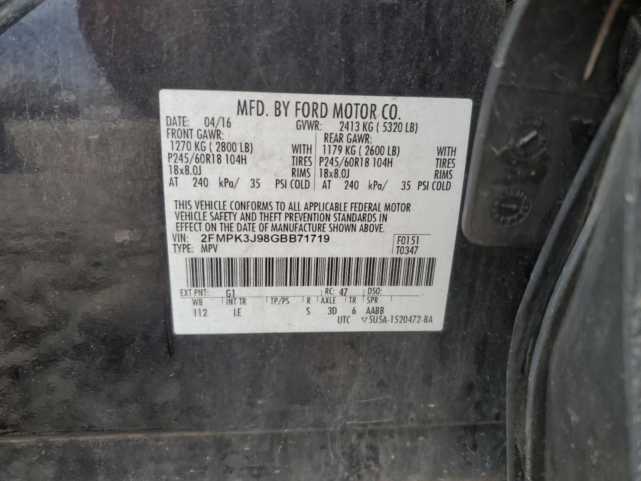 2016 Ford Edge VIN 2FMPK3J98GBB71719 Copart auction photo, rear end / minor dent/scratches damage thumbnail 14