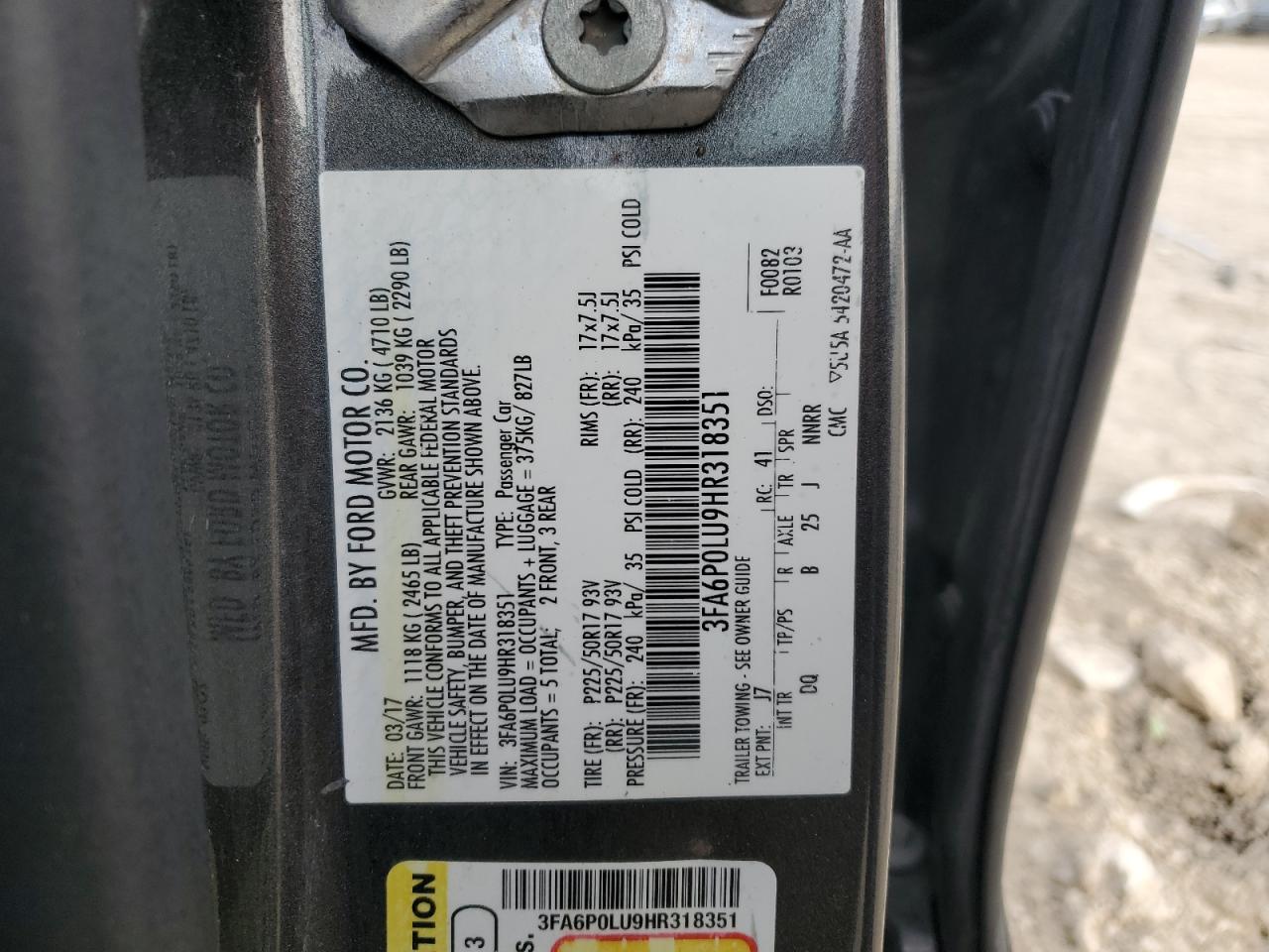 2017 Ford Fusion VIN 3FA6P0LU9HR318351 Copart auction photo, all over damage thumbnail 15