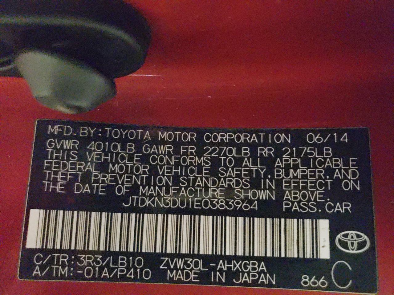 2014 Toyota Prius VIN JTDKN3DU1E0383964 Copart auction photo, rear end damage thumbnail 12