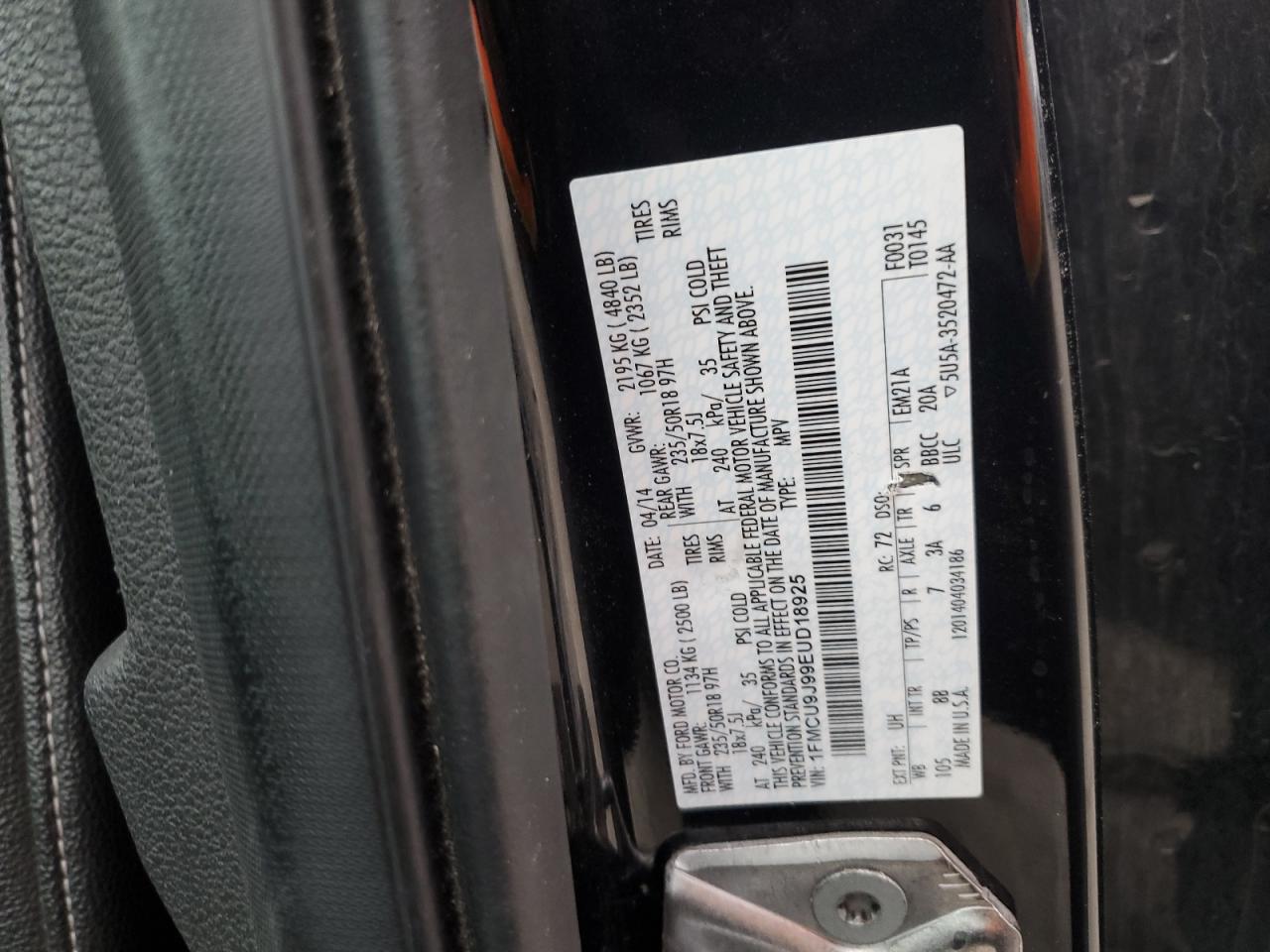 2014 Ford Escape VIN 1FMCU9J99EUD18925 Copart auction photo, front end damage thumbnail 12