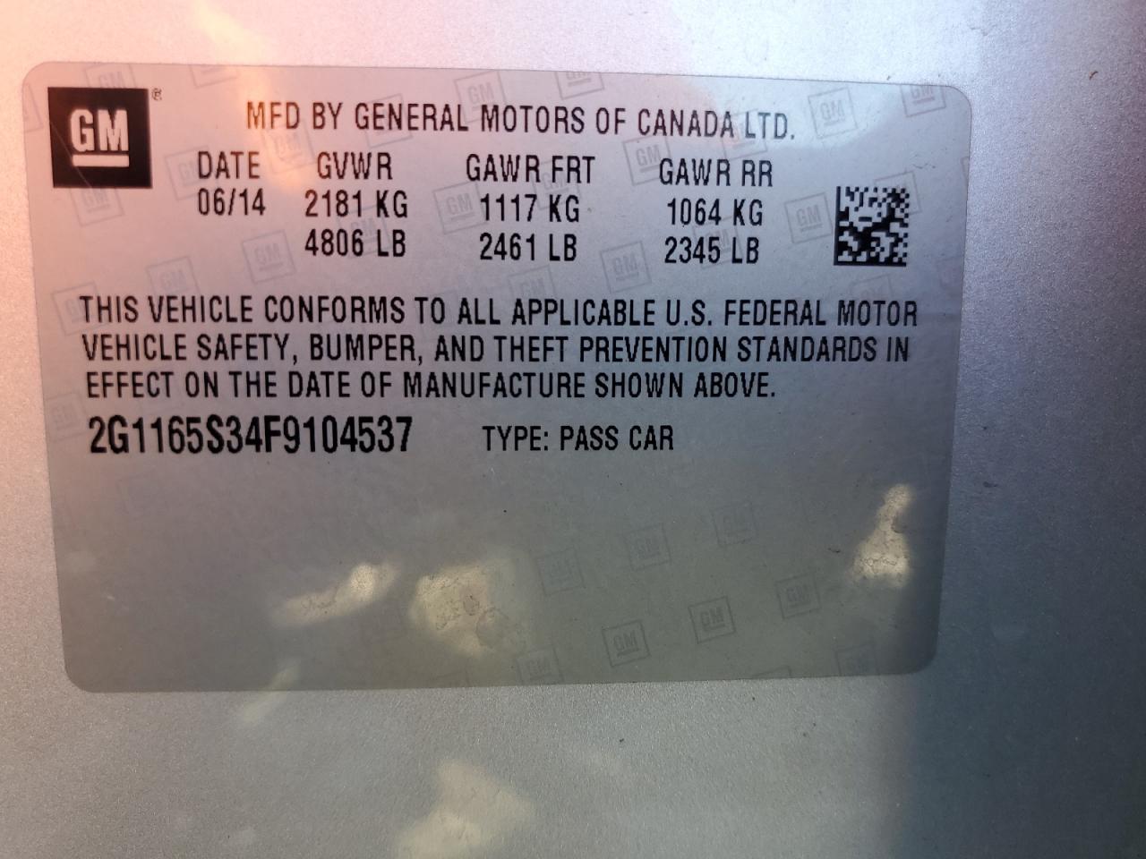 2015 Chevrolet Impala VIN 2G1165S34F9104537 Copart auction photo, front end / rear end damage thumbnail 12