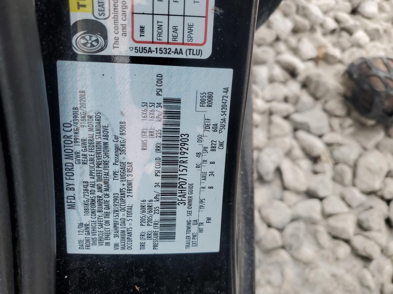 2007 Ford Fusion VIN 3FAHP07157R192903 Copart auction photo, rear end damage thumbnail 14