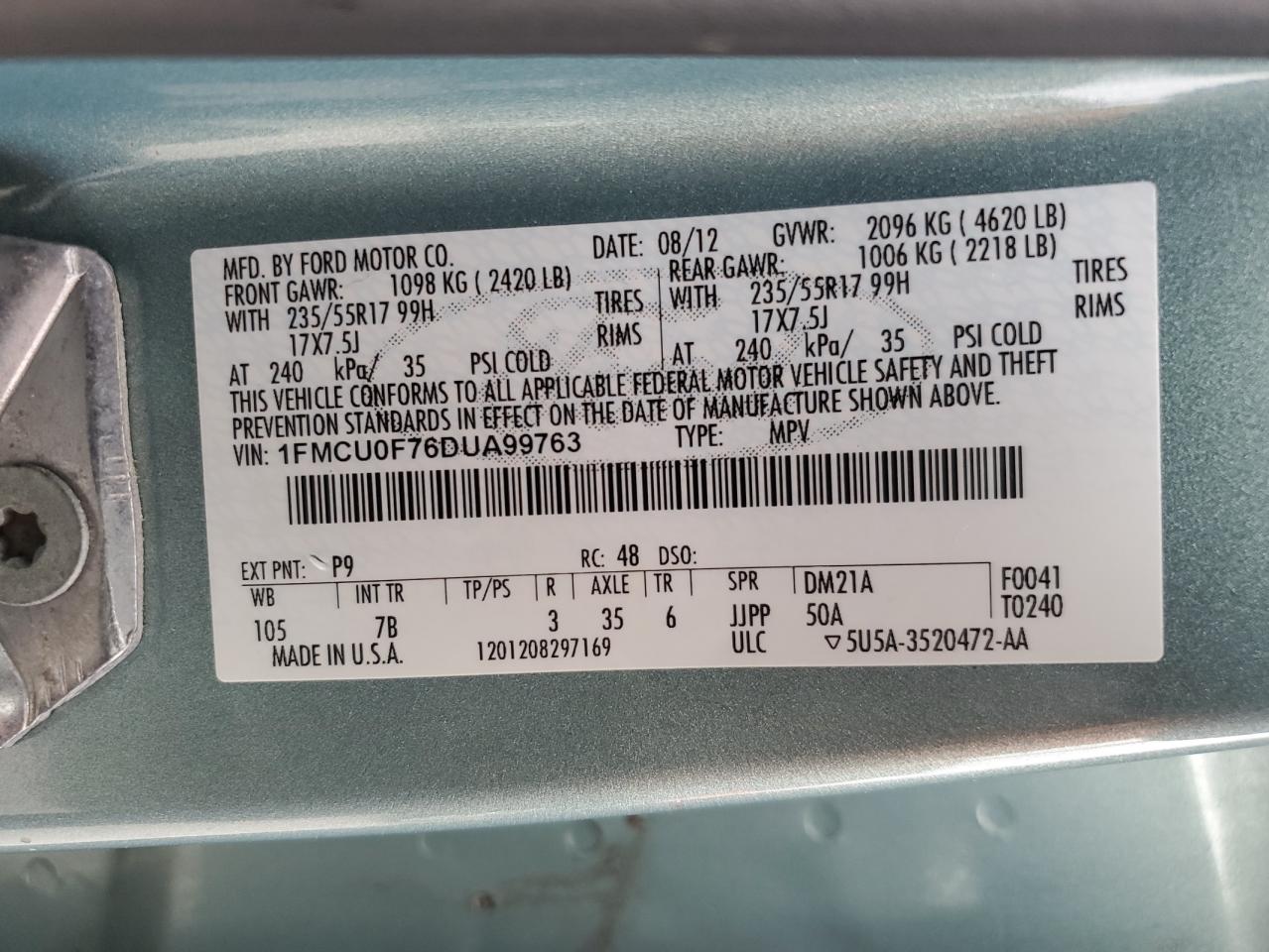 2013 Ford Escape VIN 1FMCU0F76DUA99763 Copart auction photo, front end / side damage thumbnail 14