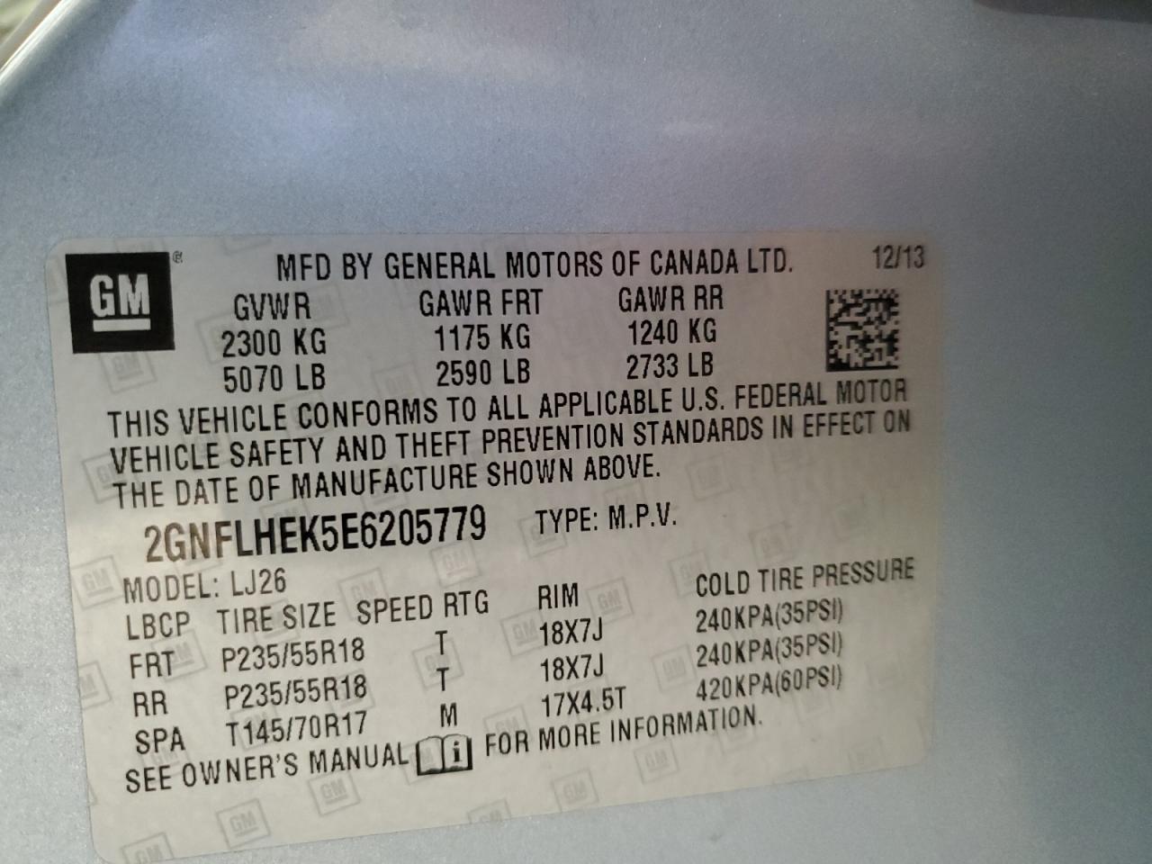2014 Chevrolet Equinox VIN 2GNFLHEK5E6205779 Copart auction photo, front end / side damage thumbnail 13