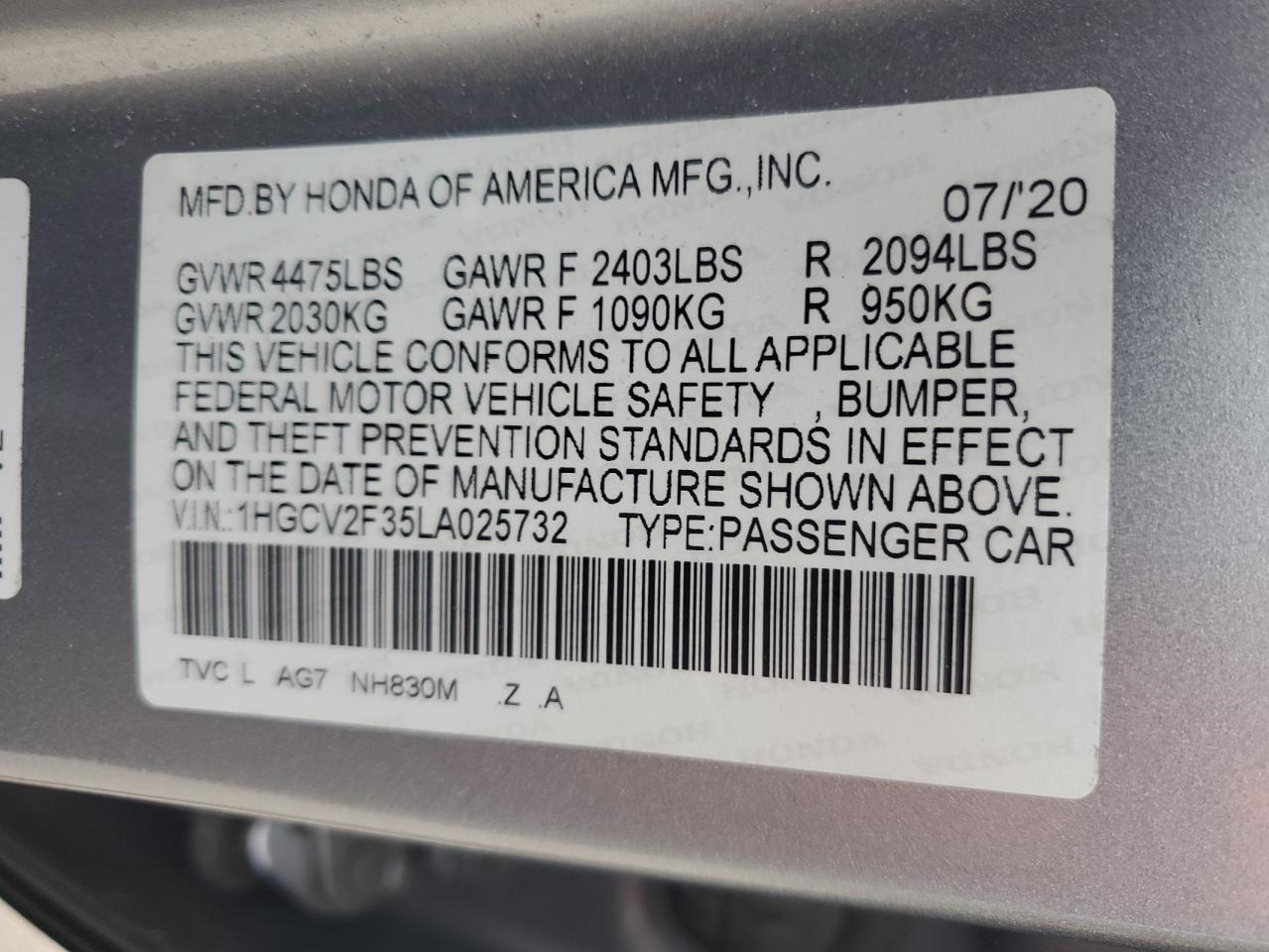 2020 Honda Accord VIN 1HGCV2F35LA025732 Copart auction photo, rear end damage thumbnail 12