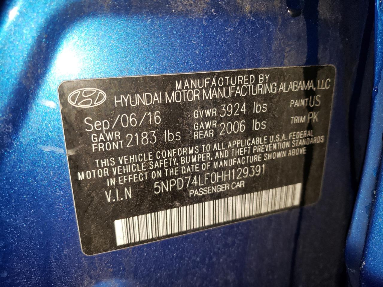 2017 Hyundai Elantra VIN 5NPD74LF0HH129391 Copart auction photo, front end / side damage thumbnail 12