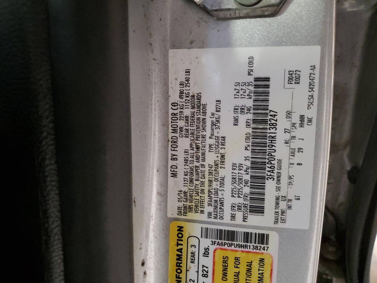 2017 Ford Fusion VIN 3FA6P0PU9HR138247 Copart auction photo, rear end / front end damage thumbnail 12